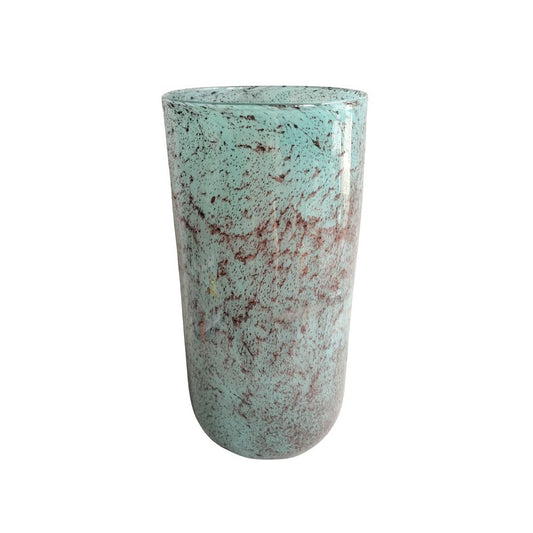 Eclectic turquoise glass cylinder vase with a speckled, textured finish and tall, organic silhouette.