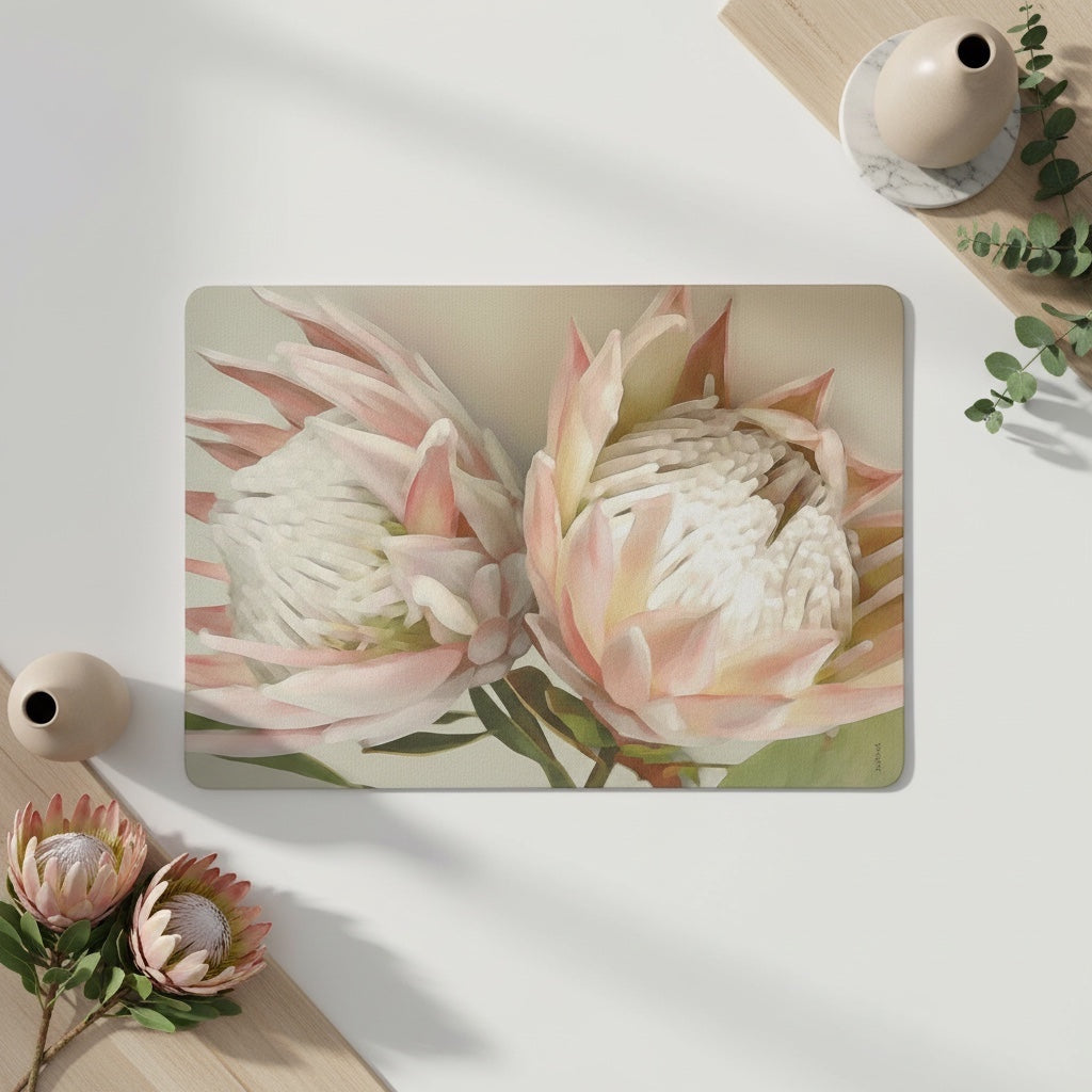 Eclectic Twin King Protea reusable placemat with soft pink botanical illustration on smooth satin finish paperboard.