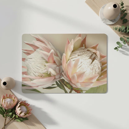 Eclectic Twin King Protea reusable placemat with soft pink botanical illustration on smooth satin finish paperboard.