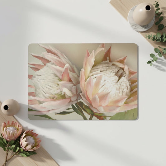 Eclectic Twin King Protea reusable placemat with soft pink botanical illustration on smooth satin finish paperboard.