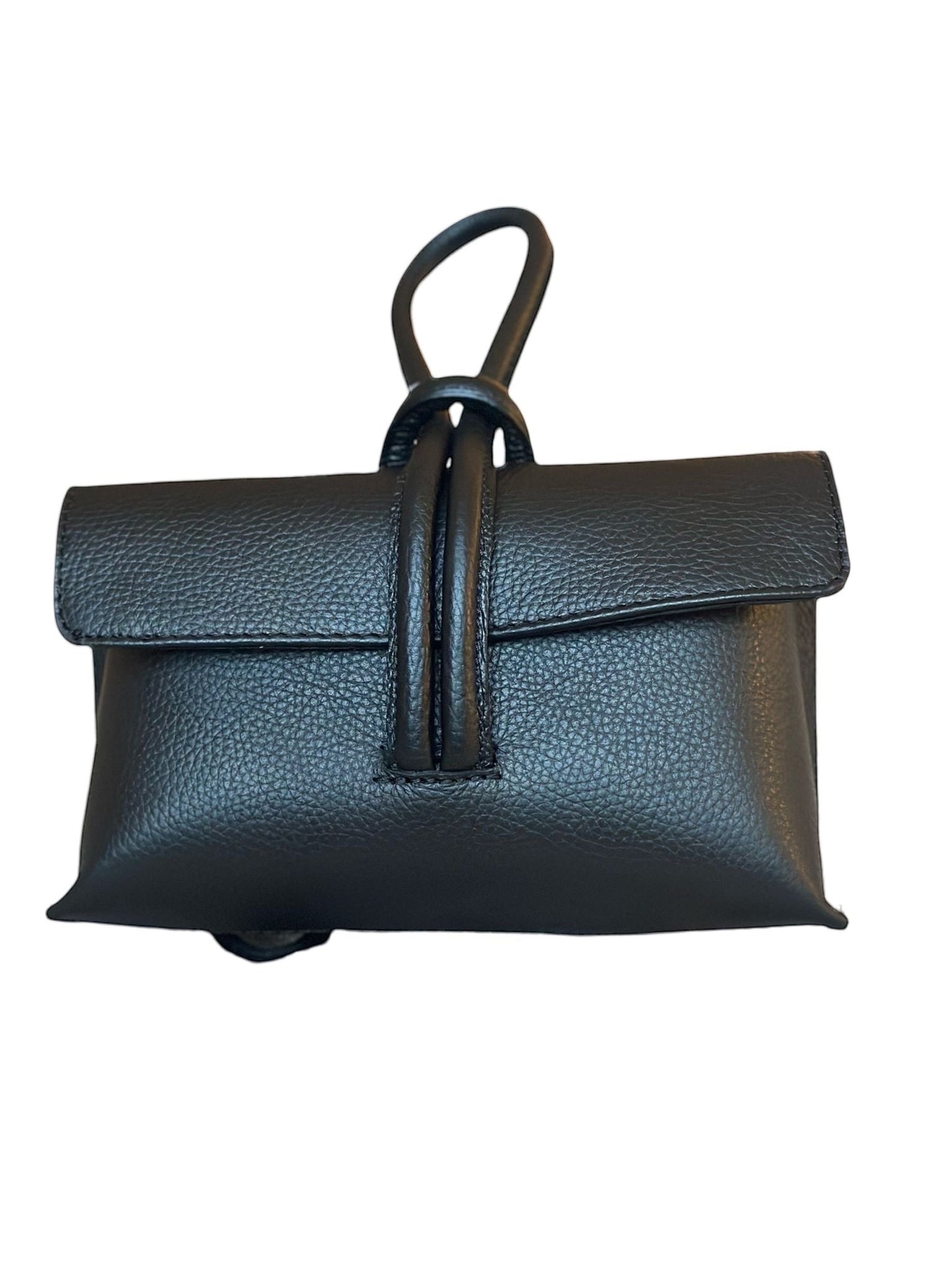 Eclectic Venezia black pebbled leather wrist bag with a minimalist flap closure and elegant loop handle.