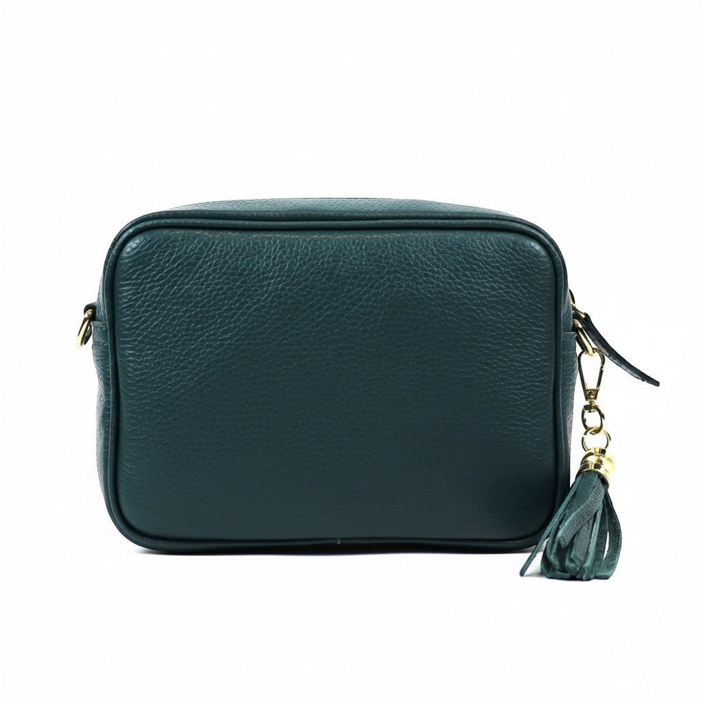 Eclectic Venezia dark turquoise Italian leather crossover bag with a decorative tassel and gold hardware.