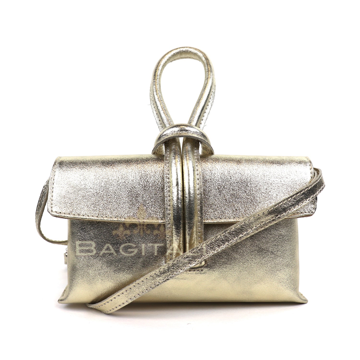 Eclectic Venezia metallic gold leather wrist bag with a unique knotted handle and detachable shoulder strap.