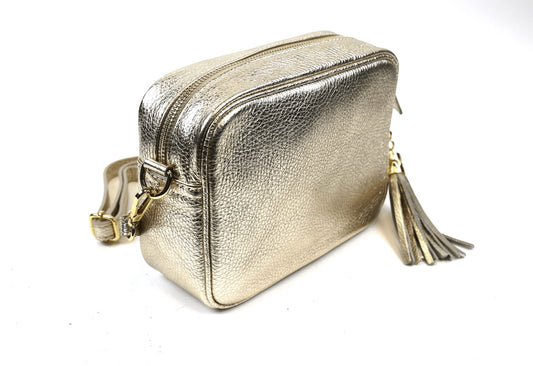 Eclectic Venezia metallic gold Italian leather crossover bag with a decorative side tassel and gold hardware
