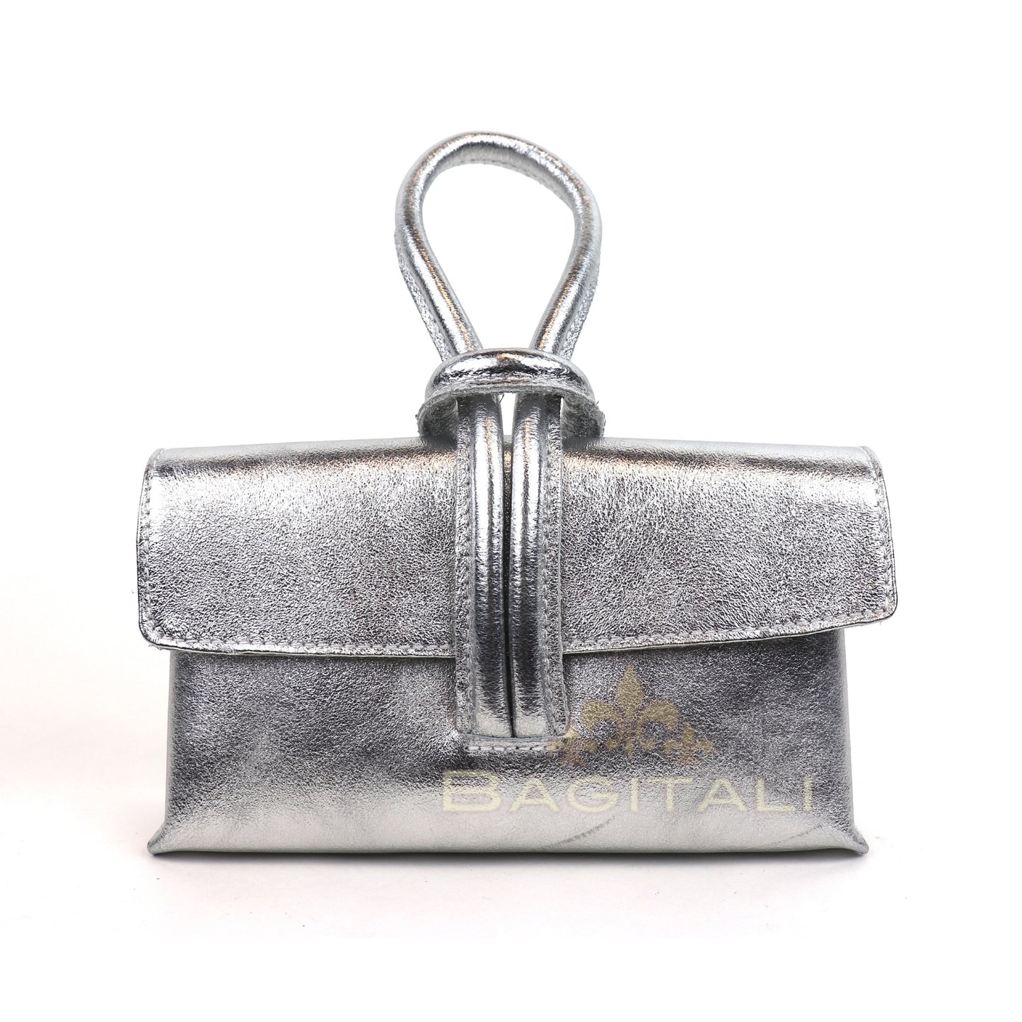 Eclectic Venezia metallic silver leather wristlet bag with a unique looped handle design on a white background.