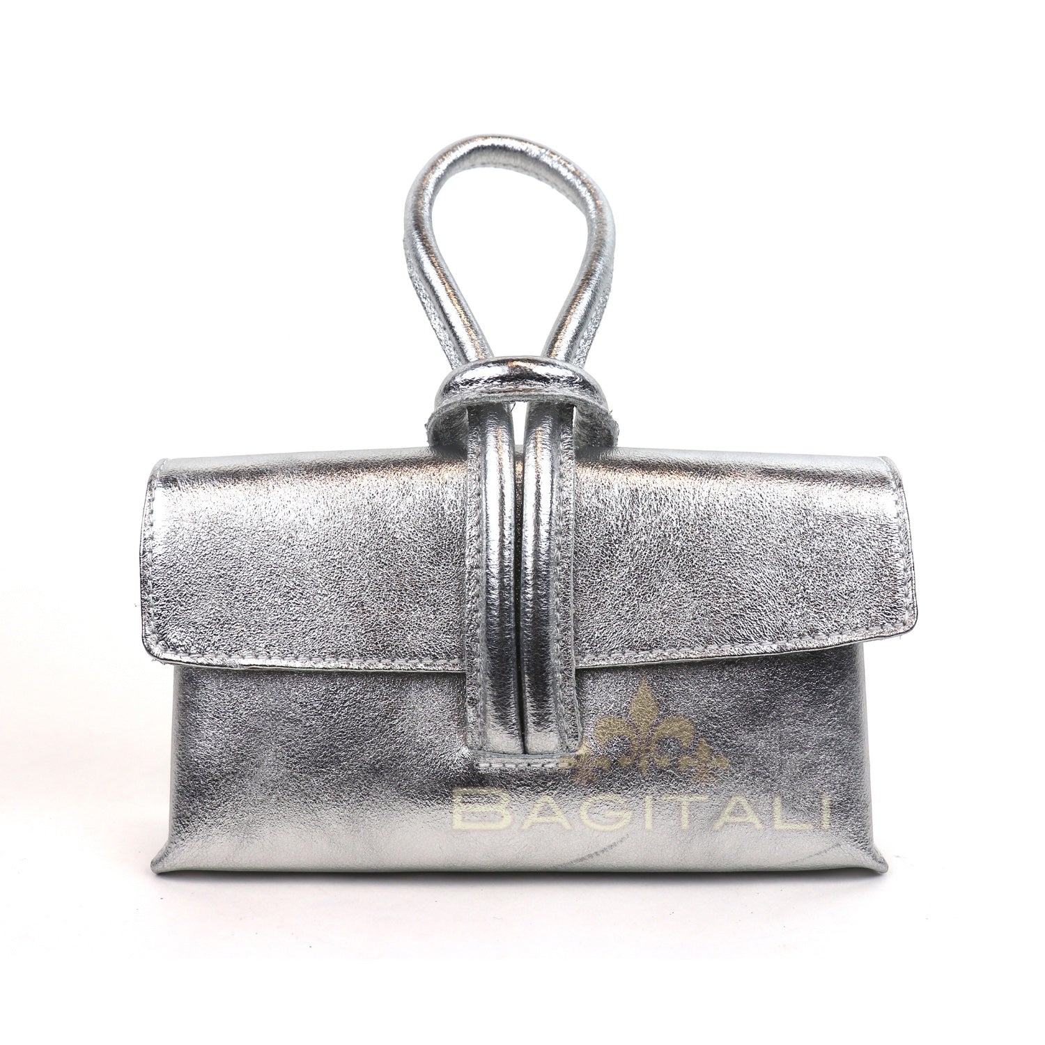 Eclectic Venezia metallic silver leather wristlet bag with a unique looped handle design on a white background.