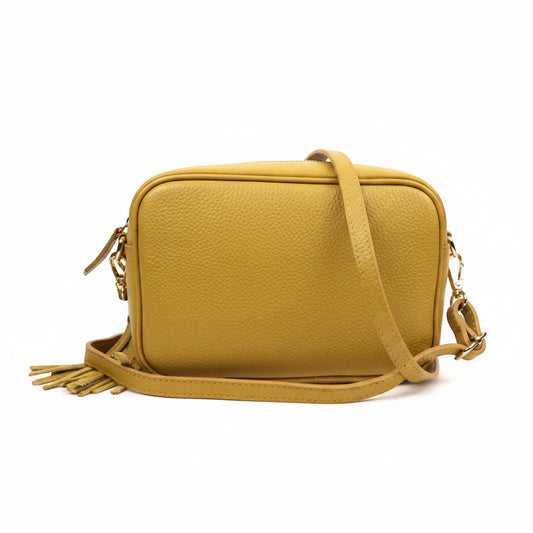 Eclectic Venezia mustard yellow Italian leather crossover bag with a decorative tassel and adjustable shoulder strap
