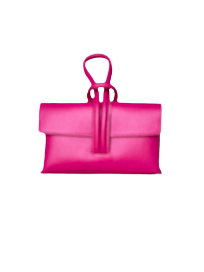 Eclectic Venezia hot pink pebbled leather wristlet bag with a unique looped handle design on a white background.