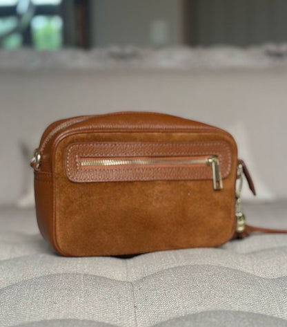 Eclectic Venezia tan suede and leather crossover bag with gold zip detail and side tassel