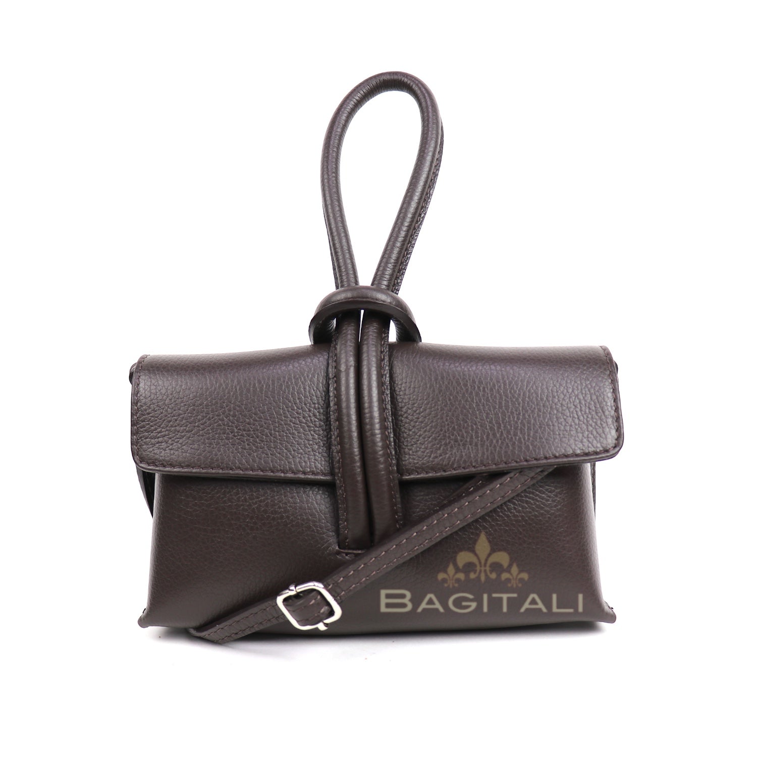 Eclectic Venezia taupe pebbled leather wristlet bag with a detachable strap and minimalist design.
