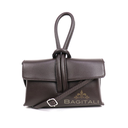 Eclectic Venezia taupe pebbled leather wristlet bag with a detachable strap and minimalist design.