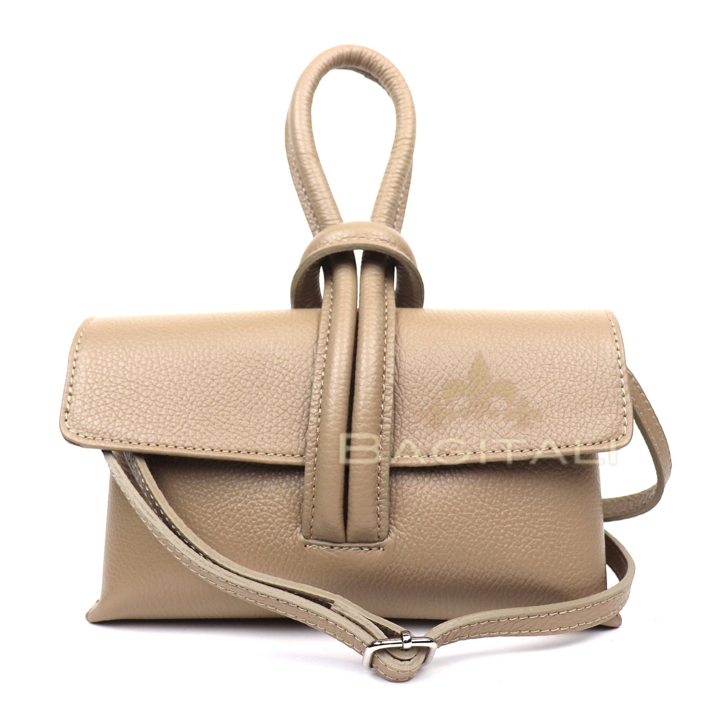 Eclectic Venezia taupe pebbled leather wristlet bag with a detachable strap and minimalist flap design.
