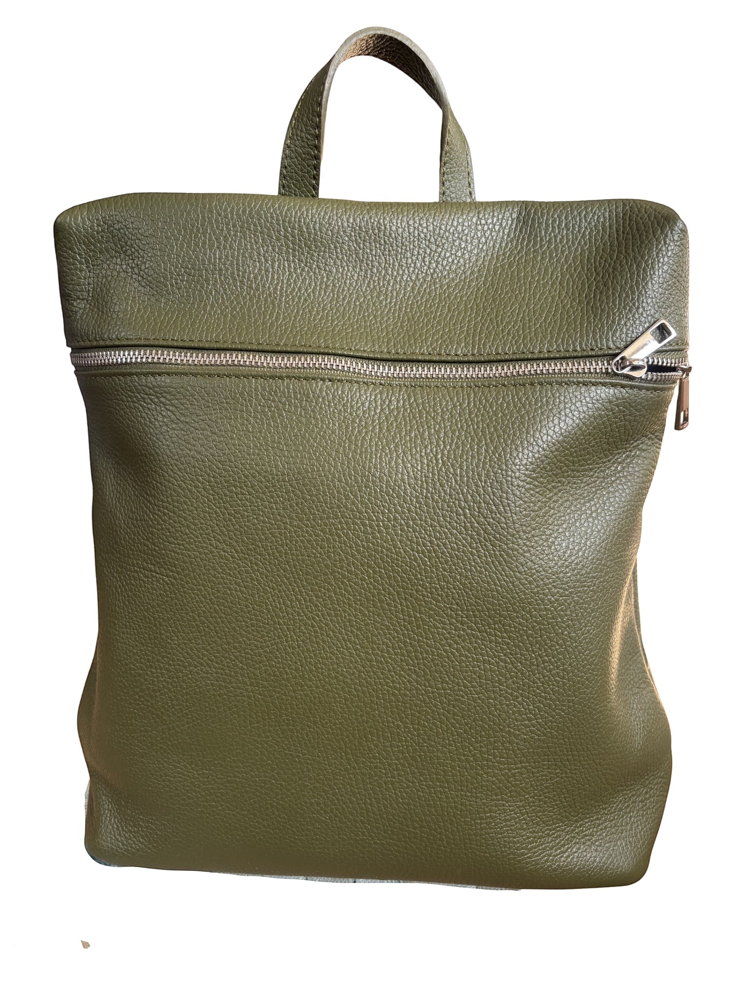 Eclectic Verona olive green pebbled leather backpack with a top handle and front zip compartment.