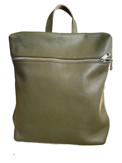 Eclectic Verona olive green pebbled leather backpack with a top handle and front zip compartment.