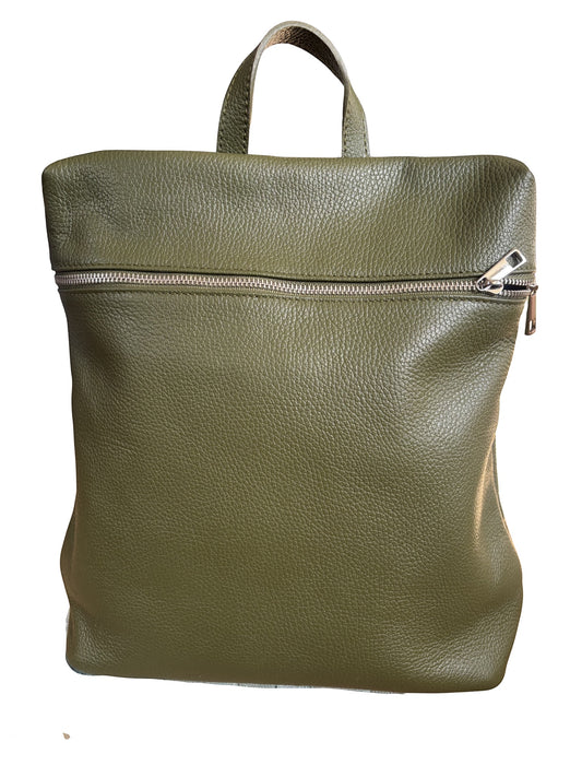 Eclectic Verona olive green pebbled leather backpack with a top handle and front zip compartment.