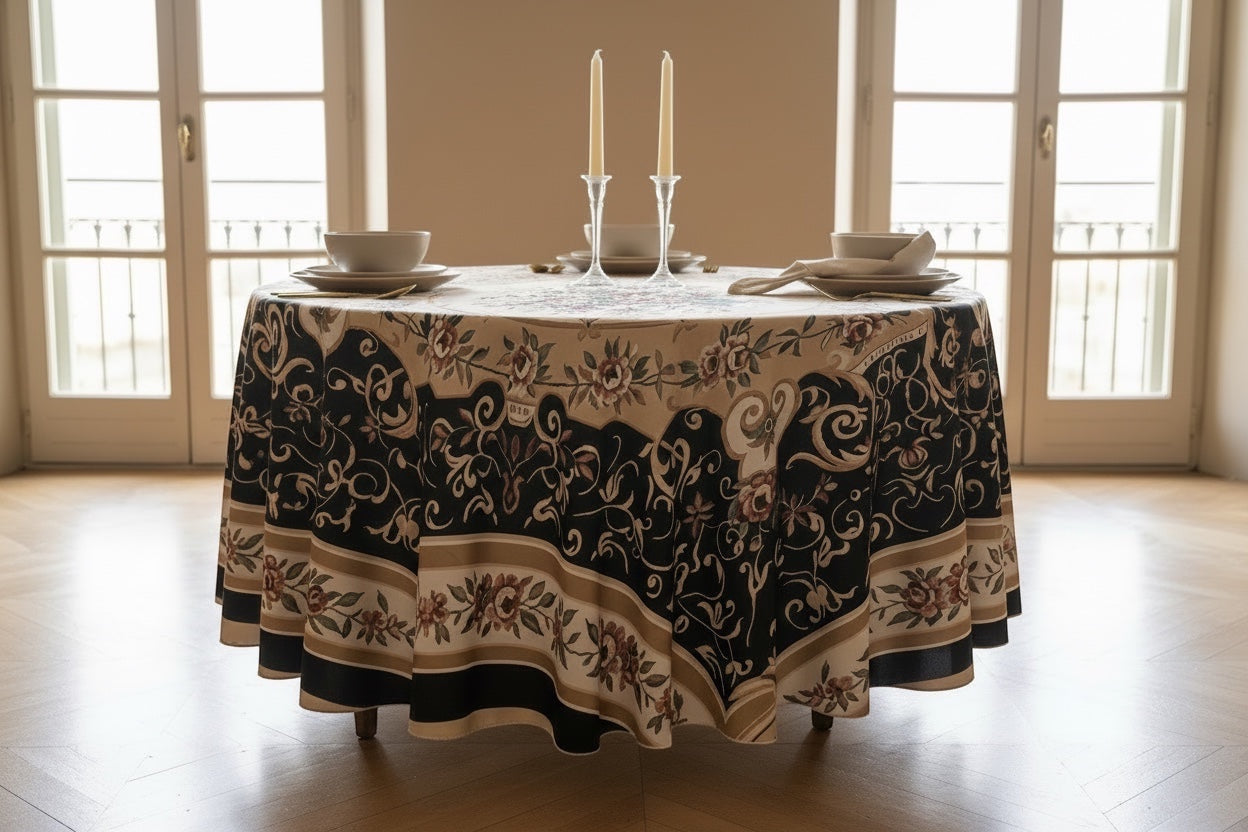 Eclectic round tablecloth featuring a vintage European baroque floral pattern in black, gold, and ivory on a table.
