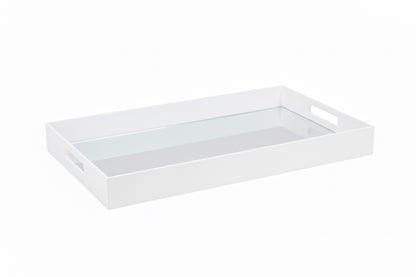 Eclectic white acrylic serving tray with a mirrored base and integrated handles for modern home decor styling.