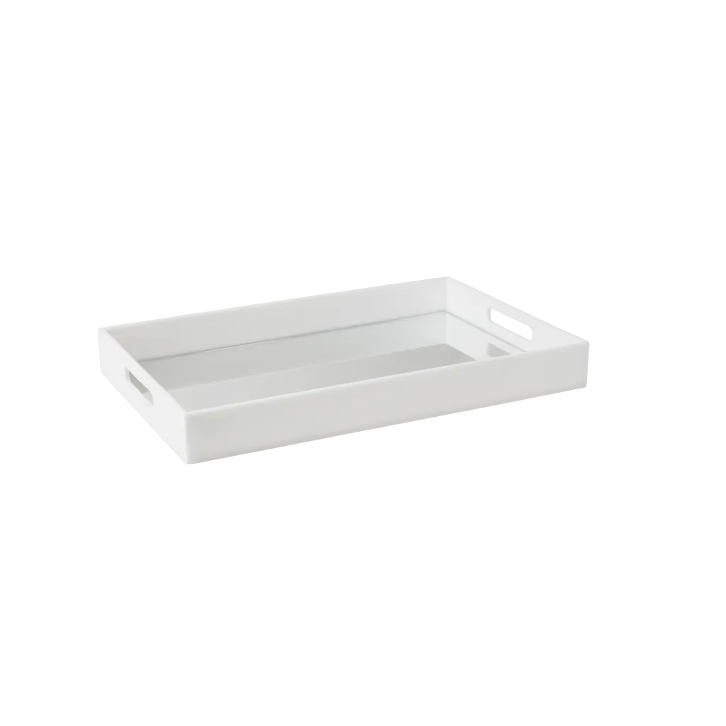 Eclectic white acrylic serving tray with a mirrored base and integrated handles for modern home decor.