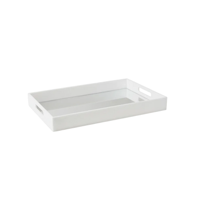 Eclectic white acrylic serving tray with a mirrored base and integrated handles for modern home decor.