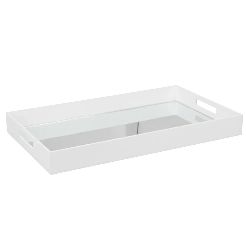 Eclectic white acrylic serving tray with a reflective mirrored base and integrated handles for modern home decor.
