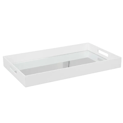 Eclectic white acrylic serving tray with a reflective mirrored base and integrated handles for modern home decor.