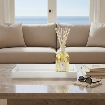 Eclectic white acrylic serving tray with a mirrored base styled on a coffee table with a diffuser and books.