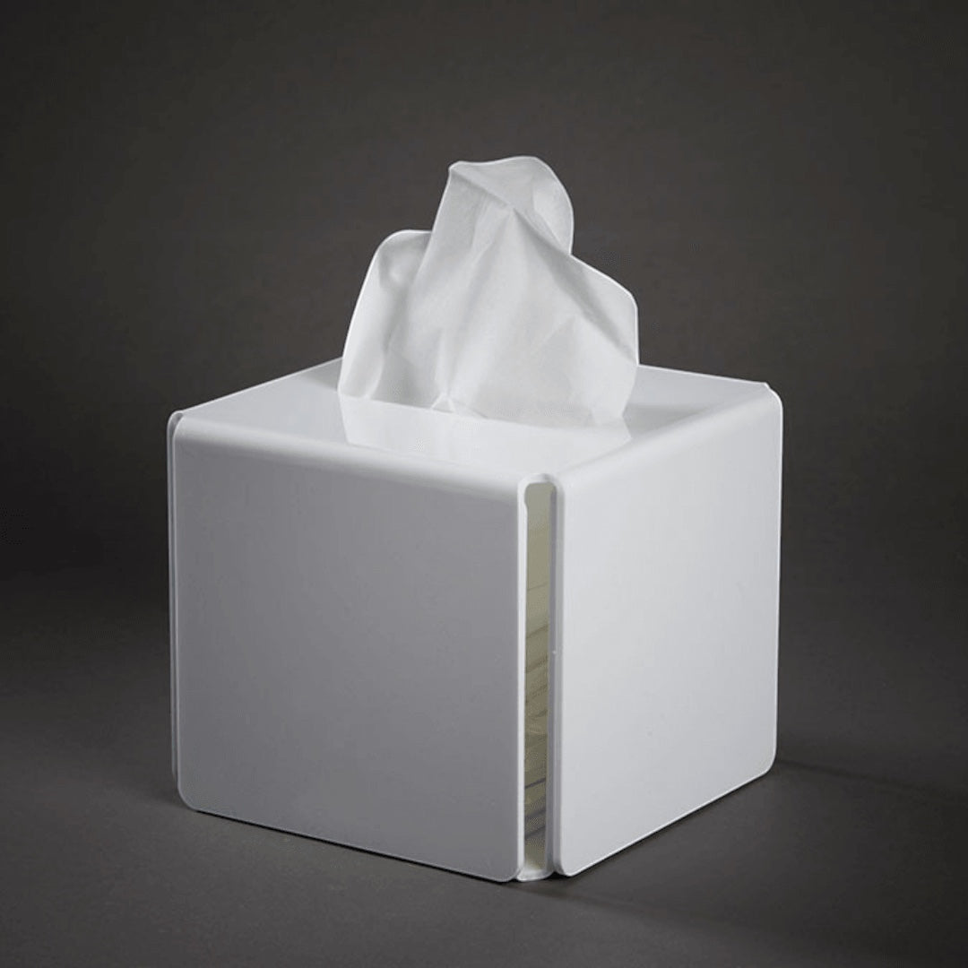 Eclectic modern white square acrylic tissue box cover with a minimalist glossy finish on a dark background.