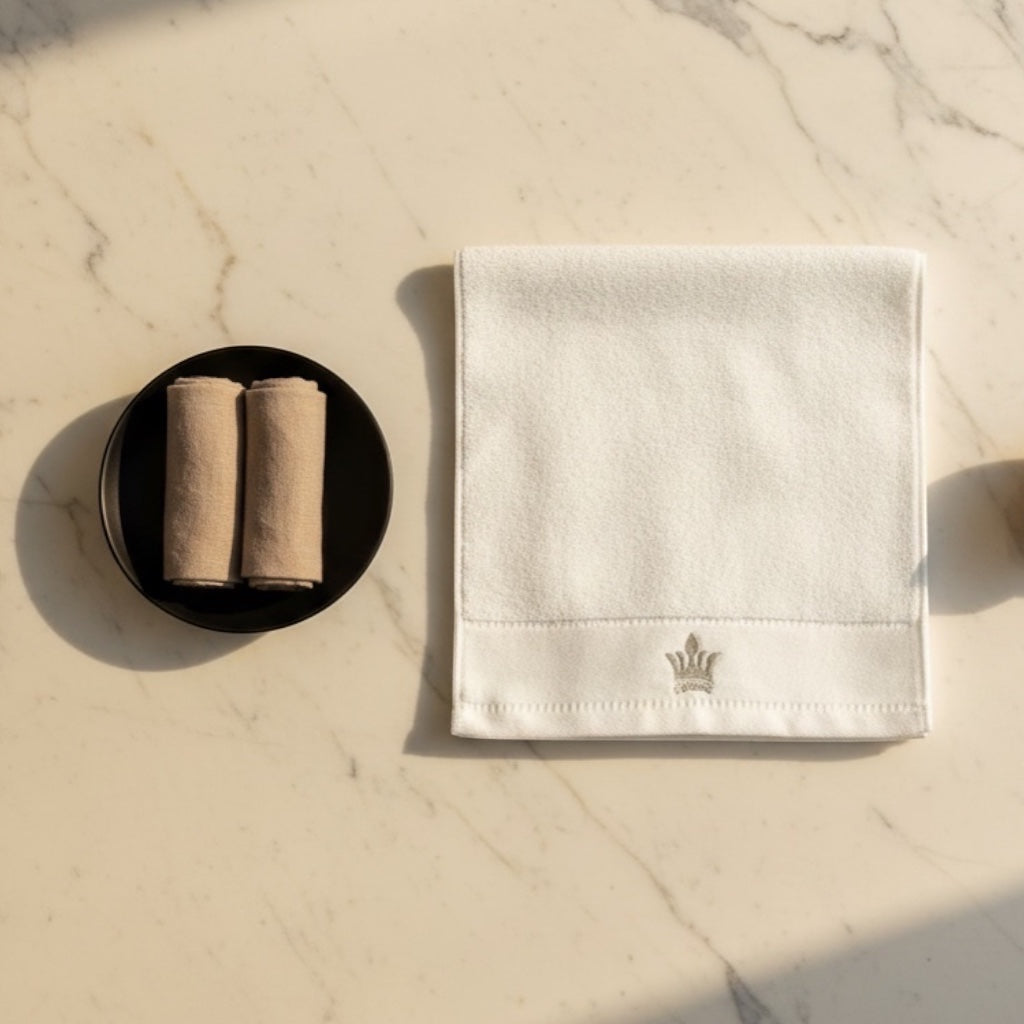 Eclectic white cotton guest towel with an elegant embroidered crown detail, displayed on a marble surface.