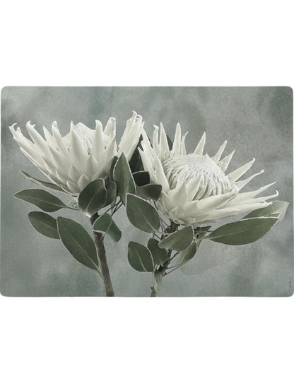 Eclectic White King Protea reusable placemat with botanical illustration in soft neutral tones on a green background.