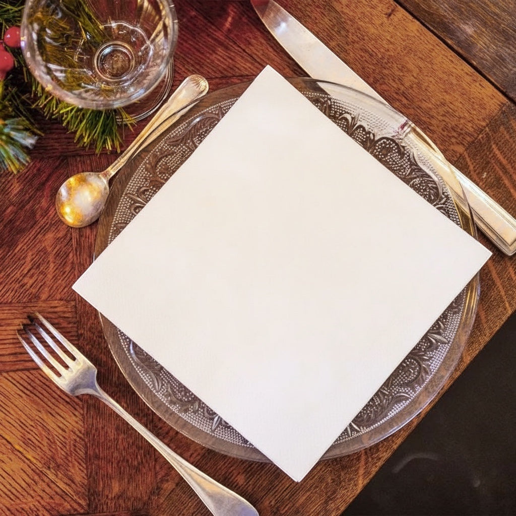 Eclectic white linen-feel airlaid napkin on a decorative glass plate with cutlery on a wooden table