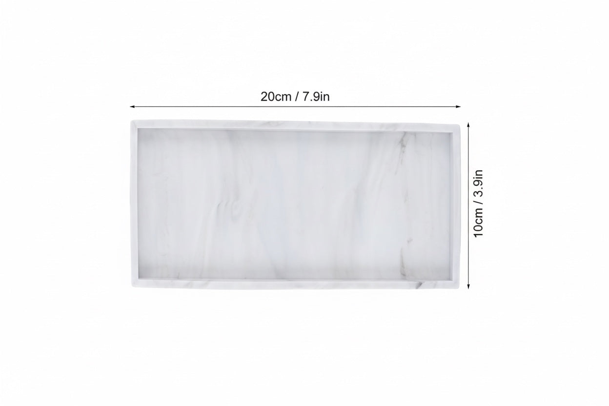 Eclectic white marble-effect rectangular silicone vanity tray with dimensions shown for bathroom organization