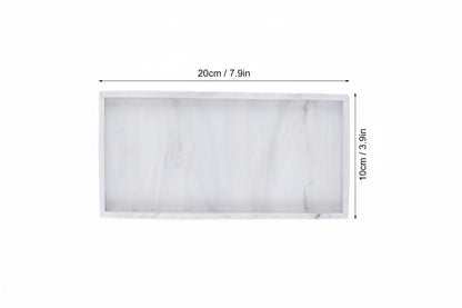 Eclectic white marble-effect rectangular silicone vanity tray with dimensions shown for bathroom organization