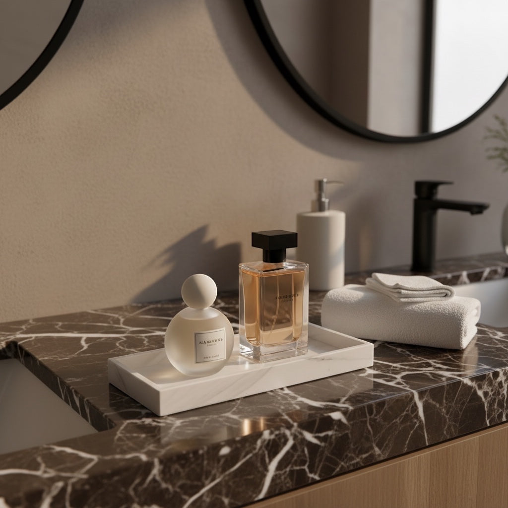 Eclectic white minimalist silicone vanity tray holding perfume bottles on a dark marble bathroom countertop.