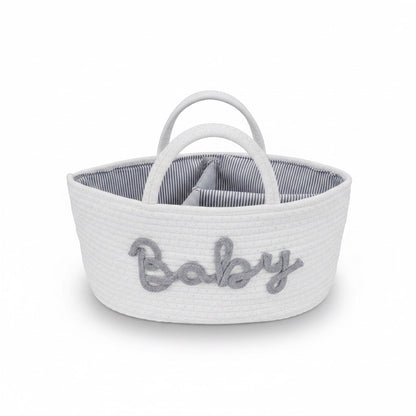 Eclectic white woven cotton rope baby storage basket with grey Baby embroidery and striped interior lining.