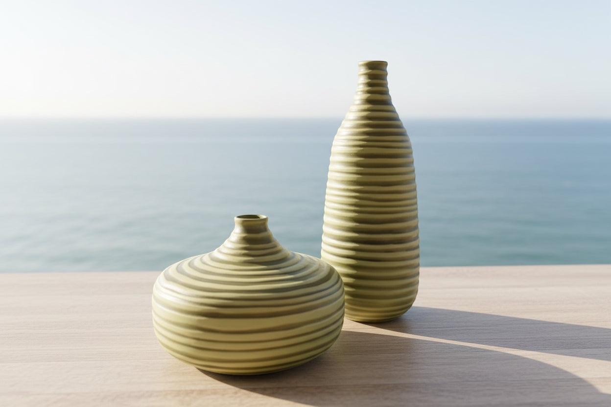 Eclectic wide olive ribbed glass vase with a low rounded silhouette displayed next to a taller matching vase