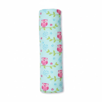 Eclectic Willow Owls cotton flannel swaddle in blue with pink owl and green branch print for newborns
