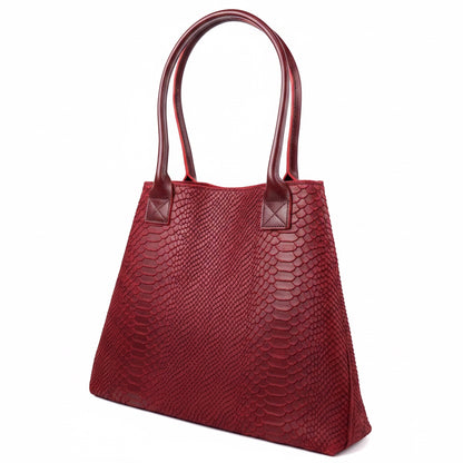 Eclectic wine-coloured Italian suede shopper bag with a textured snake-print finish and elegant top handles.