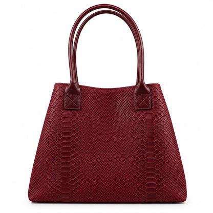 Eclectic wine-coloured Italian suede shopper bag with a luxurious snake-print texture and elegant top handles.