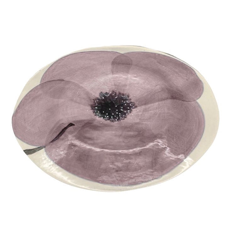 Eclectic Wonki Ware oval stoneware bowl featuring a hand-painted aubergine poppy motif on a cream glazed surface.
