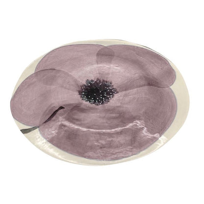 Eclectic Wonki Ware oval stoneware bowl featuring a hand-painted aubergine poppy motif on a cream glazed surface.
