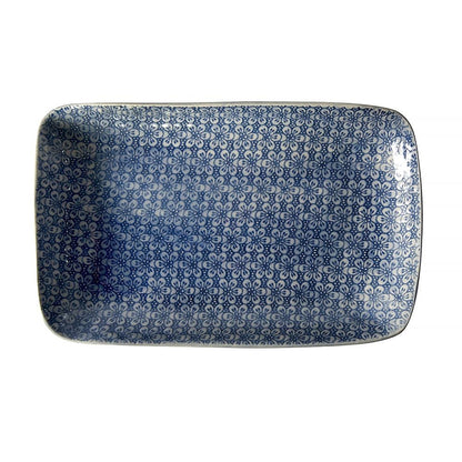Eclectic Wonki Ware rectangular stoneware roasting platter with a blue and white hand-impressed floral lace pattern.
