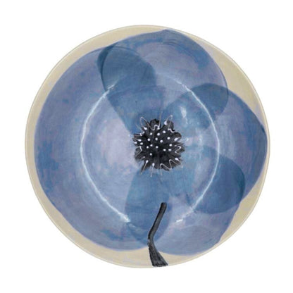 Eclectic Wonki Ware extra large stoneware serving bowl featuring a hand-painted blue floral design on a cream base.