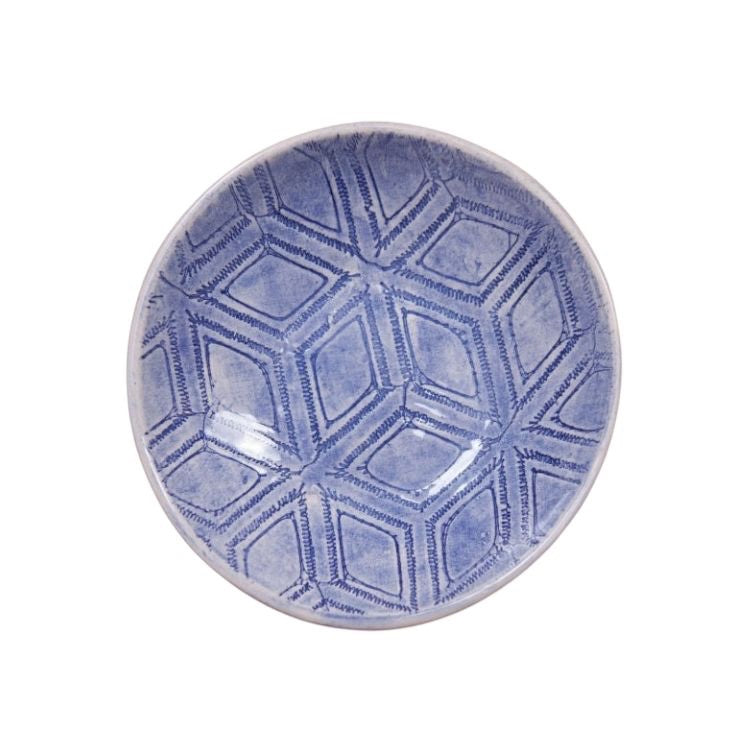 Eclectic Wonki Ware handcrafted stoneware salsa dish with a blue geometric pattern on a white background