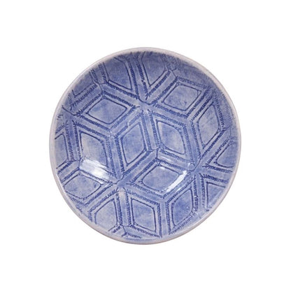 Eclectic Wonki Ware handcrafted stoneware salsa dish with a blue geometric pattern on a white background