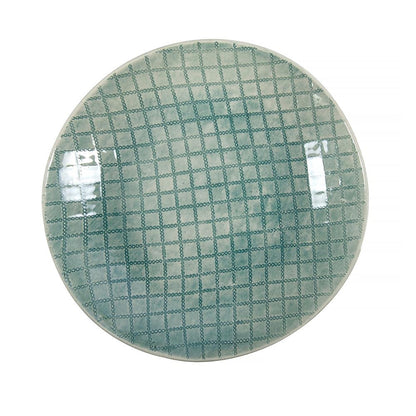 Eclectic Wonki Ware large handmade ceramic spaghetti bowl featuring a blue and white hand-painted grid pattern