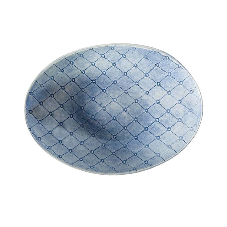 Eclectic Wonki Ware blue patterned stoneware oval bowl with hand-applied glaze and unique lattice design