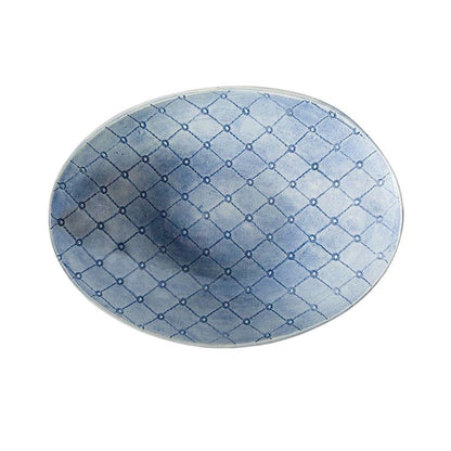 Eclectic Wonki Ware blue patterned stoneware oval bowl with hand-applied glaze and unique lattice design
