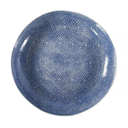 Eclectic Wonki Ware large handmade pottery pie dish featuring a blue and white intricate leaf pattern
