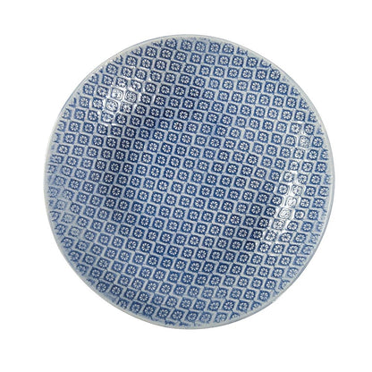 Eclectic Wonki Ware large handmade spaghetti bowl featuring a blue and white hand-painted geometric pattern