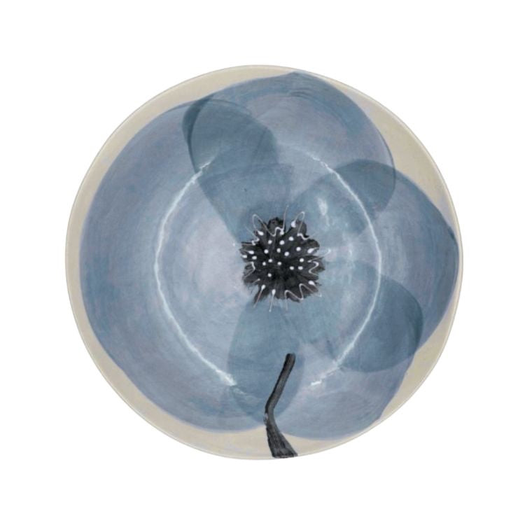 Eclectic Wonki Ware large spaghetti bowl featuring a hand-painted blue poppy motif on cream pottery clay.